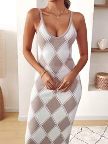 SHEIN VCAY Vestido mini ajustado de camisola de punto con estampado de rombos, vestimenta casual para primavera/otoño - Multicolor - Ver 4