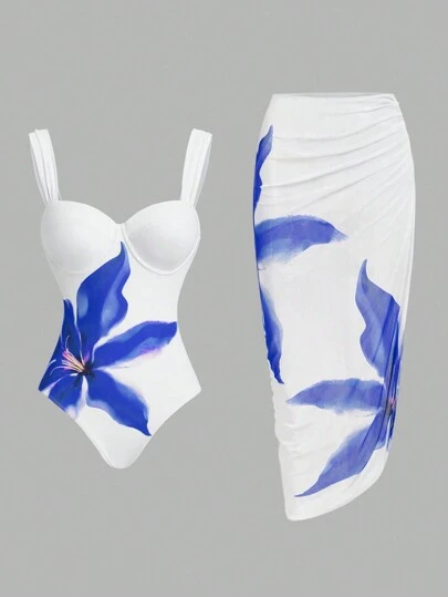 Swim Oasis Women Floral Printed Spaghetti Strap One-Piece Swimsuit With Ruffle Coverup & Skirt, Summer Beach Resort'