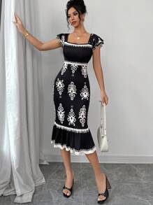 Firerie 女士优雅假日休闲印花方领荷叶边下摆紧身中长连衣裙，夏季