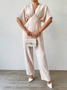 SHEIN Privé Deep V-Neck Ruched Waist Batwing Sleeve Elegant Office Jumpsuit