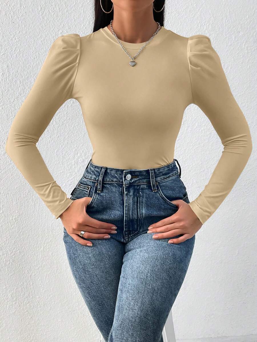 SHEIN Privé 女士时尚休闲优雅通勤豹纹荷叶边袖修身长袖 T 恤，秋季 T 恤秋季女式上衣长袖女式上衣外出上衣 - 卡其色 - 查看 1