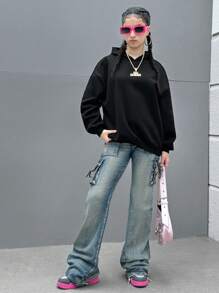 SHEIN Leap Crew Teen Girls' Casual Cartoon Pattern Long Sleeve Hoodie Sweatshirt, Suitable For Autumn/Winter