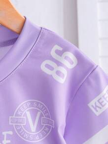 女婴休闲 V 领冰球服，透气字母印花运动服 - 紫色 - 查看 8