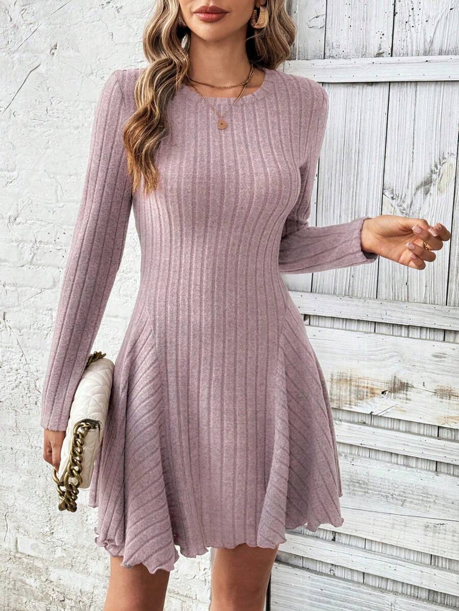 SHEIN LUNE Women's Fall Solid Color Ribbed Round Neck Long Sleeve Casual Mini Dress - Baby Pink - View 1