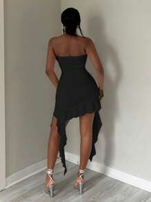 SHEIN SXY 女士简约纯色日常穿着筒状荷叶边下摆连衣裙适合约会之夜、生日、单身派对装、休闲、购物、外出、度假、海滩，