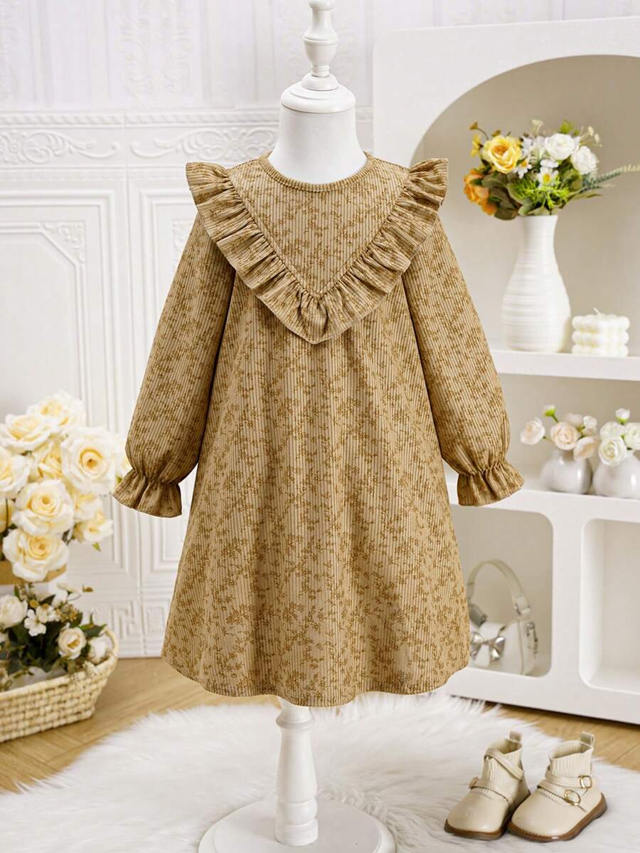 SHEIN Young Girl' Fashionable Casual Basic Sweet  Elegant Corduroy Floral Fabric 3D Warm Comfortable Cozy Vivid Suitable For Party, Gathering, Outing, Shopping, Vacation, Daily Wear, Spring, Autumn, Winter, Sweet  Sweetheart Fitted Long Sleeve Dress