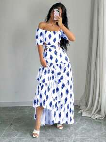 Elenzga Vestido largo de verano de mujer con estampado, hombros descubiertos, cordón en la cintura y diseño hueco