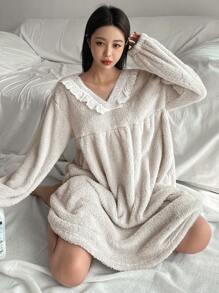 DAZY Flannel Ruffle Trim Loose Nightgown Pajama,Thermal Lined Fall,Winter - Grey - View 7