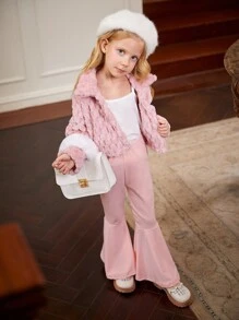 SHEIN Bộ 3 áo khoác ngắn tay dài cổ bẻ thanh lịch, rộng rãi cho bé gái, áo hai dây màu trơn bó sát và quần ống loe cạp chun - Hồng - Xem 5