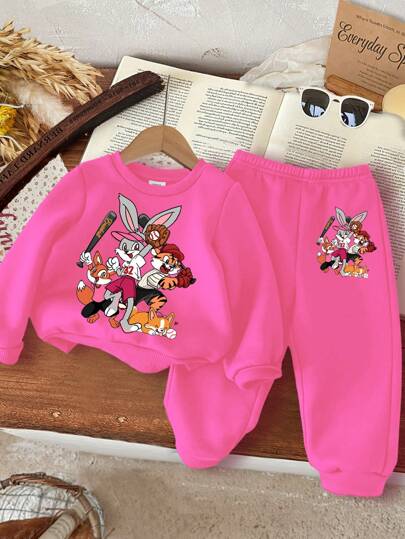 SHEIN 2 件套女宝宝休闲简约长袖上衣和裤子套装，加厚，适合秋冬季