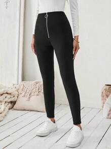 Chiquease 休闲前拉链保暖内衬紧身裤，秋冬季 - 黑色 - 查看 3