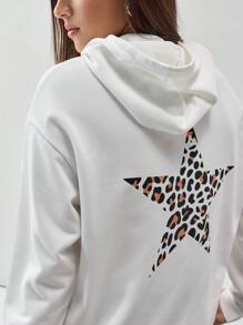 Flirla 1pc Women Casual White Hoodie With Leopard Print And Star Pattern, Long Sleeve Sweatshirt, Autumn/Winter