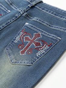 SHEIN Adolescente menina cruz strass flare casual versátil jeans