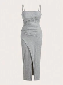 Flirla Bộ 2 món áo hở phía trước tay ngắn màu trơn mùa hè cỡ lớn cho nữ và váy yếm nhún bèo thường ngày - Xám - Xem 5