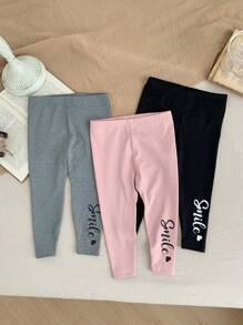 SHEIN LMoss Kids LMoss 女婴弹性腰带字母印花休闲紧身裤 - 彩色 - 查看 4