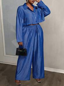 Slaydiva Bộ 2 món áo sơ mi crop top tay dài màu xanh denim rộng rãi thoải mái cho nữ size lớn - Z - Màu xanh lam - Xem 1