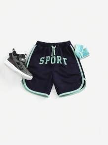 SHEIN Young Boy Knitted Color Block Letter Printed Elastic-Waist Sports Shorts With Pockets
