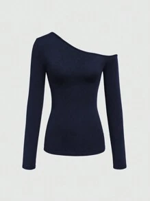 INAWLY Women's Spring & Summer Solid Color Asymmetric Neck Long Sleeve Fitted T-Shirt Fall Cloth For Women