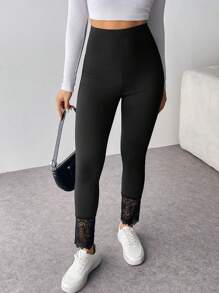 SHEIN Privé Quần legging lửng ren ôm sát dành cho nữ, kiểu dáng thanh lịch. - màu đen - Xem 3