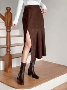 DAZY 女士麂皮中长美人鱼裙，不对称裙摆，荷叶边 - 咖啡棕 - 查看 5