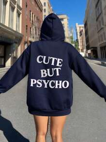 SHEIN EZwear Women's Casual "CUTE BUT PSYCHO" Print Hooded Fleece Sweatshirt, Loose Fit, Suitable For Fall/Winter - Navy Blue - View 5