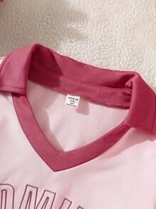 Tween Girl Color Block Sports English Embroidered Shirt And Pants Set - Pink - View 5