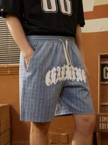 Manfinity Sport Corelite Pantalones cortos deportivos de estilo novio con cordón, bolsillo y estampado de letras a rayas - Celeste - Ver 4