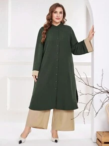 Al Najma Plus Size Solid Color Patchwork Long Sleeve Front Button Placket Casual Top And Pants 2-Piece Set, Casual Modest Longline Classic Muslim Fashion Suit Co-Ords, For Travel/ Casual/Home/Holiday 2 Pieces Set Fall Cloth For Women