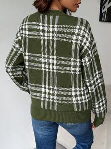 Chiquease 1 件休闲落肩格子毛衣，秋冬 - 軍綠色 - 查看 2