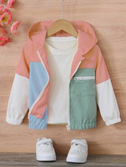 SHEIN Young Girls Casual Color Blocking Minimalist Design Jacket