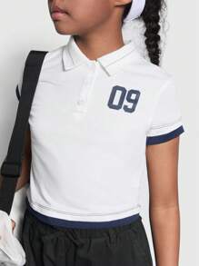 SHEIN Tween Girl Knitted Patchwork Number Print Polo Neck Short Sleeve T-Shirt - Blue and White - View 6
