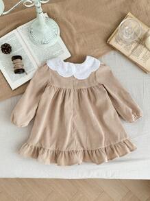 SHEIN LMoss Kids LMoss Baby Girl Cute Camel Color Corduroy Patchwork Peter Pan Collar Long Sleeve Dress, Autumn/Winter - Apricot - View 2