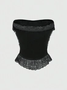 ROMWE Gothic Palace Style Cross Decor Lace Patchwork Velvet Camisole Top For Women - Black - View 3