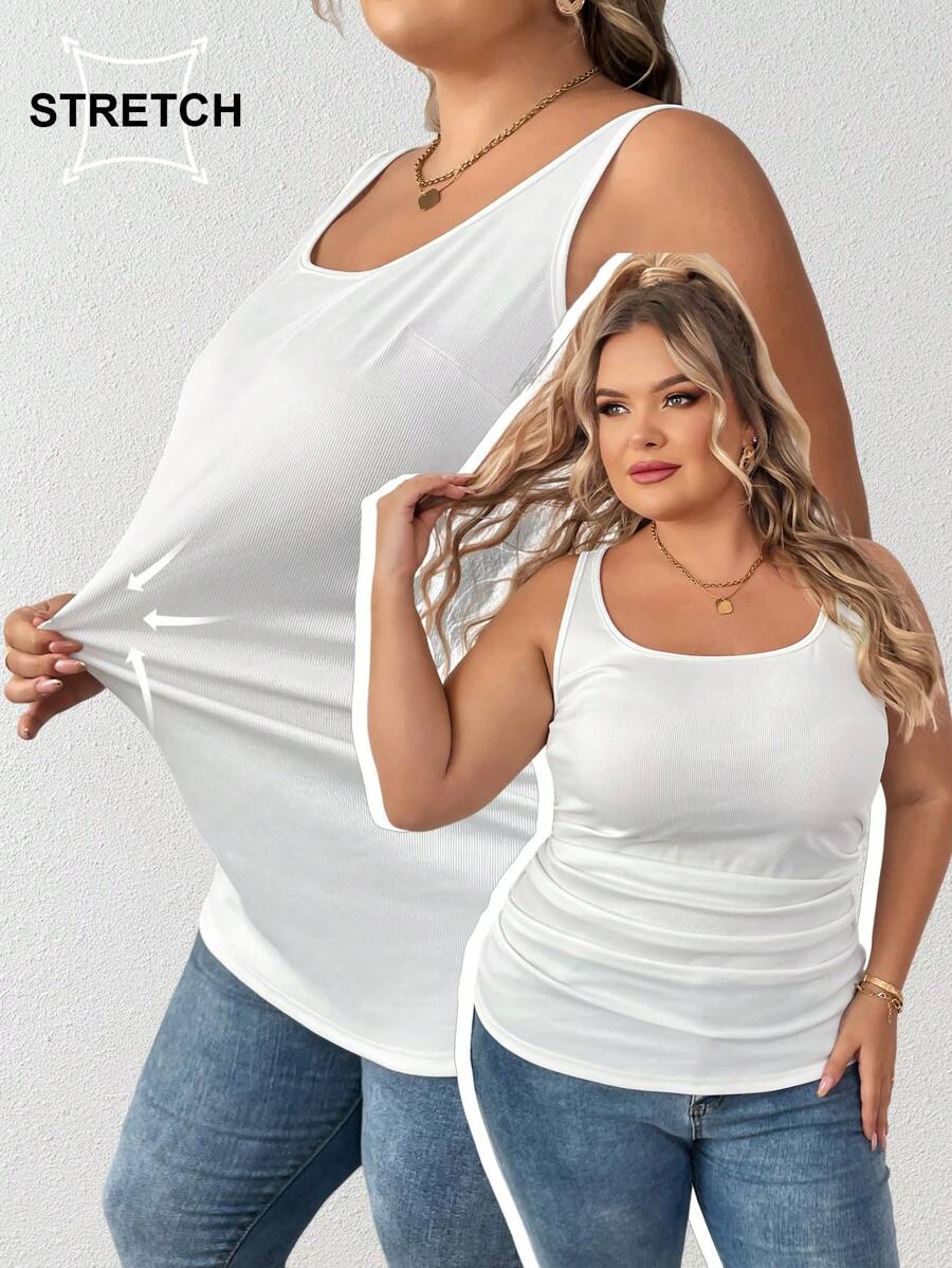 SHEIN CURVE+ Curve Casual Basic Deep U-Neck Narrow Ribbed Women's Plus Size Regular Tank Top, White, Sleeveless With Ribbed Texture, Folded And Ruched Detail On The Side,Fall Outfits - White - View 1