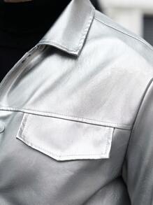 Manfinity Homme Men's Solid Color Button-Front Long Sleeve Faux Pocket Minimalist Jacket - Silver - View 4