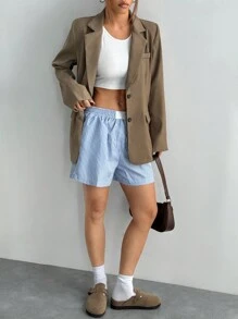 SHEIN Unity Women Spring Autumn Lapel Collar Long Sleeve Loose Casual Solid Color Blazer Jacket - Khaki - View 4