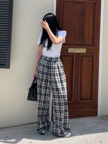 DAZY Pantalones casuales holgados de mujer a cuadros - Blanco y Negro - Ver 5