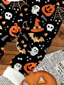 SHEIN 男婴万圣节南瓜印花紧身长袖上衣和裤子休闲家居服睡衣套装，适合秋冬季的衣服，万圣节服装 - 彩色 - 查看 4