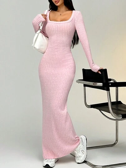 SHEIN EZwear 女式纯色简约长袖针织连衣裙