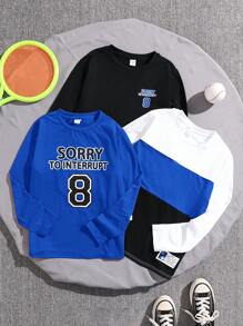 SHEIN Leap Crew Bộ 3 áo thun dài tay in chữ màu đơn giản cho bé trai tuổi mới lớn, Thu (9), Đông (2), Đen, Trắng - Xanh đậm - Xem 1