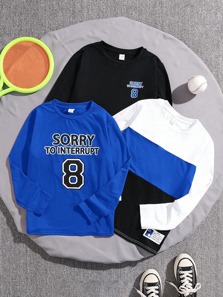 SHEIN Leap Crew Bộ 3 áo thun dài tay in chữ màu đơn giản cho bé trai tuổi mới lớn, Thu (9), Đông (2), Đen, Trắng - Xanh đậm - Xem 1