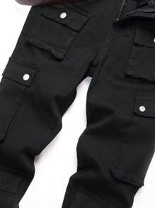 Manfinity LEGND Men's Button Decor Denim Jeans, Plain Slim Fit Dark Jeans Long Plain Black Washed Cargo Jeans, For Husband, Boyfriend Gifts - Black - View 4