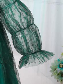 SHEIN 女婴纯色荷叶边长袖撞色网眼连衣裙 - 綠色 - 查看 4