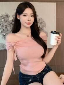 DAZY Women's Solid Color Elegant Off-Shoulder Knit Top - Pink - View 2
