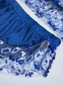 Contrast Lace Trim Deep V Sexy Faux Silk Pajama Set - Royal Blue - View 4