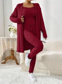 SHEIN Essnce 3pcs/Set Women's Loose Cardigan, Cami Top And Skinny Pants - Burgundy - View 3