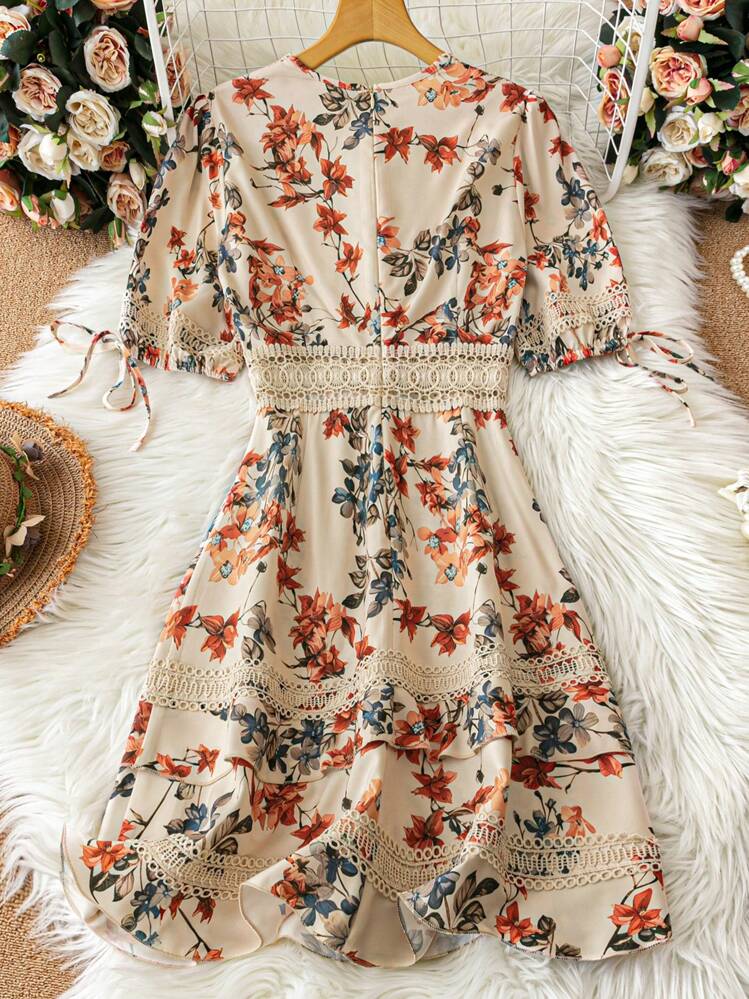 Breezaya Women Floral Print Patchwork Lace Trim Casual Vacation Dress |  SHEIN