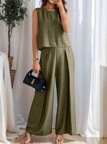 SHEIN LUNE 2pcs Women's Casual Solid Color Tank Top And Wide Leg Pants Set, Summer