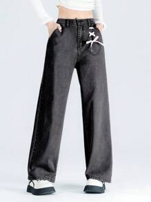 SHEIN Explorewe Teen Girls Cute  Style Pink Ribbon Detail Heart Pocket Wide Leg Denim Pants - Black - View 3