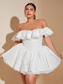 SHEIN BAE 加大码褶皱蕾丝花边露肩优雅褶皱连衣裙白色甜美性感蕾丝花瓣袖纯色褶皱胸围 A 字裙带蕾丝花边女式秋季婚礼宾客礼服返校节礼服优雅早午餐女装，女士生日礼服 - 白色 - 查看 6